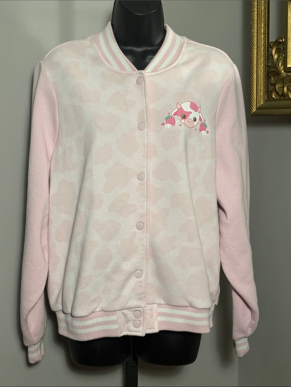 Hot Topic Size 1 Strawberry Milk Cow Bomber Jacket Sweatshirt 14/16